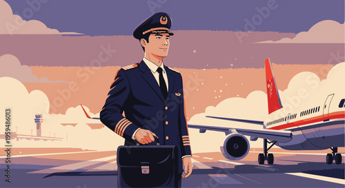 A pilot in a navy blue uniform standing on an airport tarmac with a briefcase, looking away, with a large airplane and sunset sky in the background.