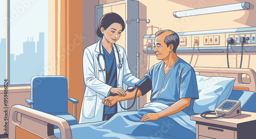 A female doctor reassuring a male patient in a hospital bed with a city view in the background, conveying a sense of care and compassion.