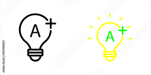 Light bulb with letter A and plus symbol icon set. in outline style representing creative ideas, innovation, improvement, and added value concepts.