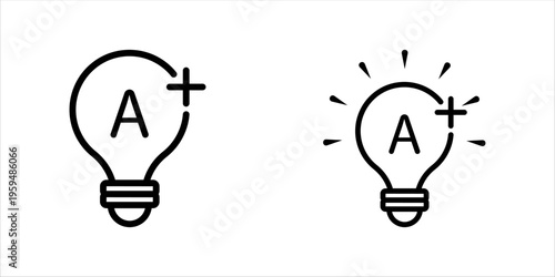 Light bulb with letter A and plus symbol icon set. in outline style representing creative ideas, innovation, improvement, and added value concepts.