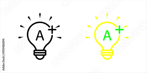 Light bulb with letter A and plus symbol icon set. in outline style representing creative ideas, innovation, improvement, and added value concepts.