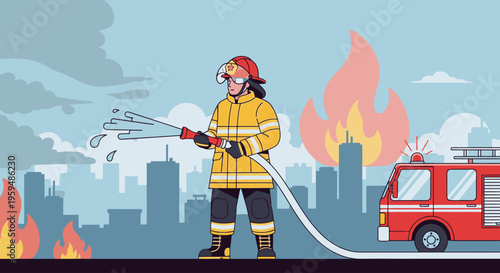 Firefighter in yellow gear spraying water from hose with cityscape and burning buildings in background.