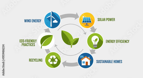 Eco friendly practices, sustainable living icons, green energy symbols, environmental conservation concepts
