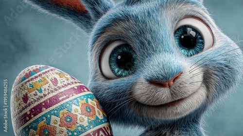 Springtime cheer: a blue bunny's colorful easter surprise. Editorial use. Pastel perfection: blue bunny with a detailed easter egg. Pure emotion. Daily life.