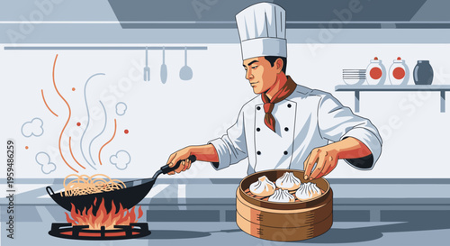 A chef in a white uniform cooking with a wok and steamer in a commercial kitchen with a focus on culinary skills.