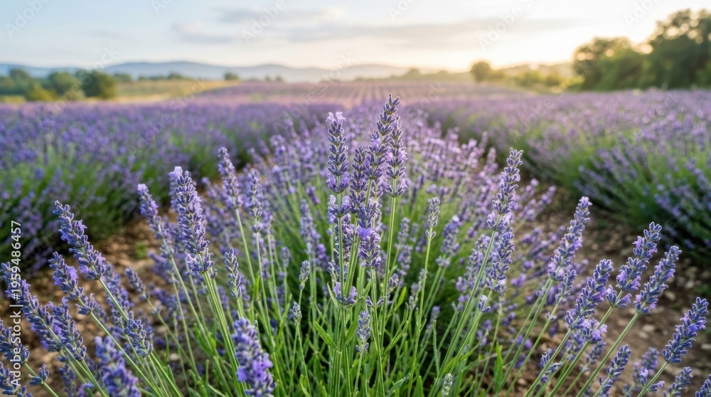 Fototapeta premium Vast lavender field in Provence at sunset with soft golden light illuminating the blooms