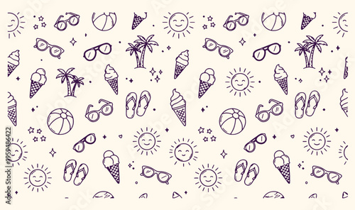 Summer beach ice cream pattern, tropical holiday food background, summer treat dessert illustration, coastal vacation seamless wallpaper, hand drawn summer sketches, refreshing ice cream design, beach