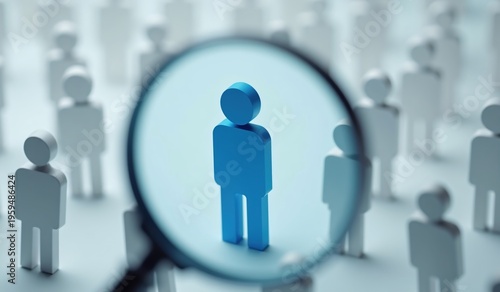 Magnifying Glass Focusing on Unique Blue Person Icon in Crowd