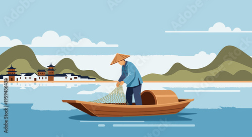 Illustration of a man in a traditional conical hat scattering seeds from a wooden boat on a serene lake with distant buildings and mountains under a blue sky.