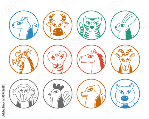 Chinese Zodiac, animals signs, horoscope, 12 earthly branches, Shengxiao, vector illustration