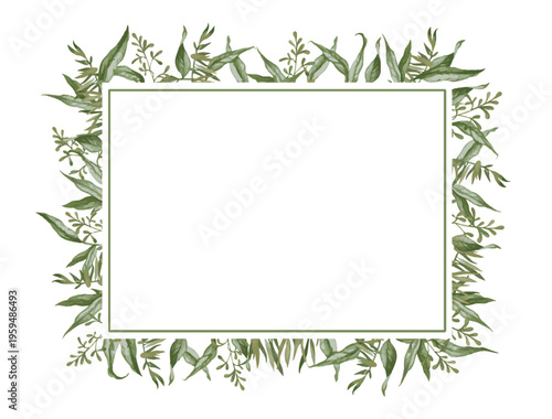Watercolor green leaf border frame with blank center, botanical design isolated on white background.