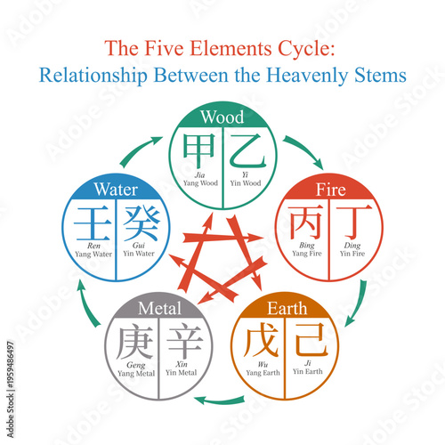 The Five Elements Cycle, Wu Xing, Relationship Between the Heavenly Stems. Feng shui, bazi, traditional chinese medicine, astrology. Productive, controlling and weakening cycles