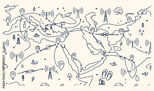 Middle East logistics connectivity, arabian peninsula trade background, regional business network illustration, middle eastern commerce wallpaper, hand drawn regional sketches, connectivity infrastruc