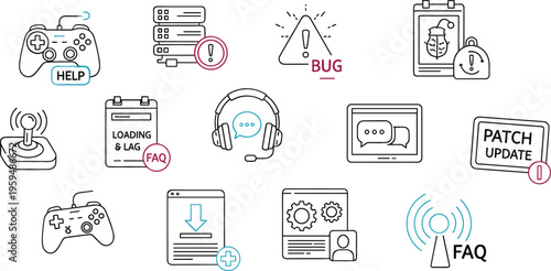 Technical Support and Gaming Service Icon Set Featuring Bug Alert, Patch Update, FAQ, Download, Controllers, Help Desk, Loading Screen, and Troubleshooting Symbols for App Design