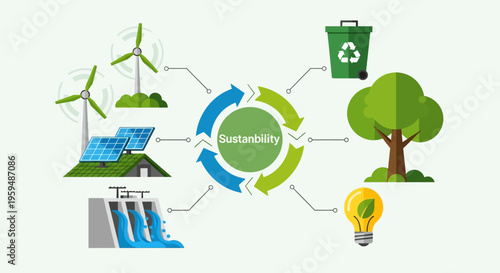 Eco friendly sustainability icons, green energy symbols, renewable resources, environmental conservation graphics