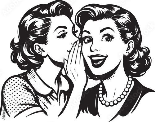 retro women, gossip girls, whispering women, vintage illustration, pin up girls, retro cartoon, pop art style, female friends, talking women, secret conversation,