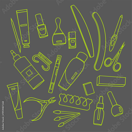 Beauty and Manicure Tools Outline Set Minimal Line Art Illustration