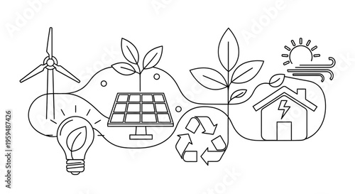 Eco friendly icons, sustainable energy symbols, renewable resources, environmental conservation graphics