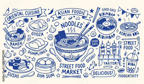 Asian street food noodles doodle, oriental cuisine menu background, japanese ramen soup illustration, foodie market cultural wallpaper, hand drawn asian sketches, street food festival design, asian fo