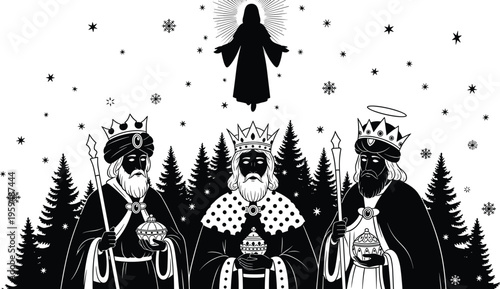 Religious Christmas Illustration Featuring Three Wise Men Magi Holding Gifts In Pine Forest Under Starry Sky With Silhouette Of Angel In Night Background