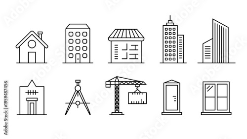 Modern Architecture Outline Icon Set Houses, Skyscrapers, and Urban Design Symbols