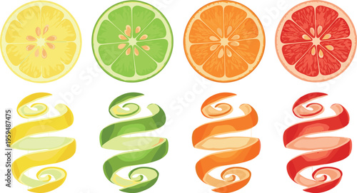 Citrus fruit slices and peels set including lemon lime orange and grapefruit colorful fresh vector illustration juicy healthy food design