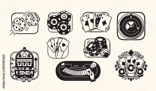 Casino gambling icons pattern, las vegas poker background, betting entertainment games illustration, night club gaming wallpaper, hand drawn casino sketches, cards chips roulette design, luxury gambli