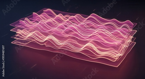 Magenta gold wave patterns, soft volumetric lighting, holographic layers, light streaks, cinematic contrast, modern business analytics display.