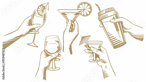 Flat illustration of hands holding various cocktail glasses and shaker with drinks