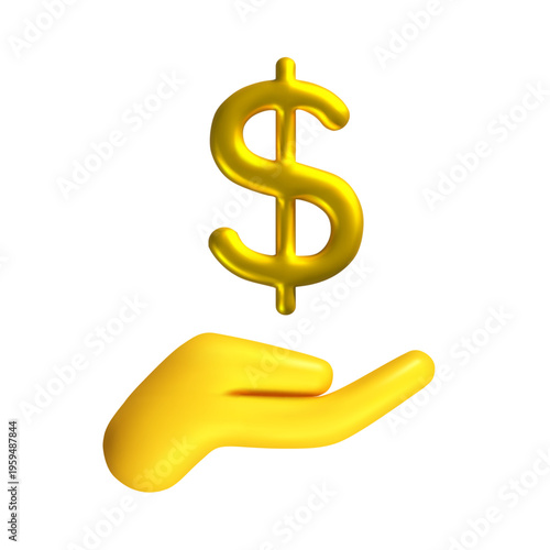 Gold 3D hand lifting a shiny dollar sign against a white background, symbolizing finance, accounting, or payment. Vector illustration