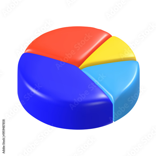 Glossy 3D pie chart icon with red, yellow, light blue, and dark blue segments, rounded slices, reflections, white background. Vector illustration