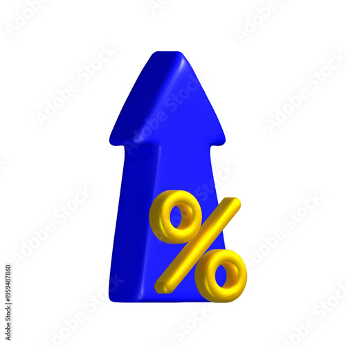 Blue 3D upward arrow with a yellow percent symbol near the base, representing growth or rising rates. Vector illustration