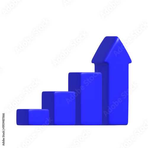 Blue 3D bar chart with four ascending blocks, culminating in a tall arrow-shaped peak against a white background. Vector illustration