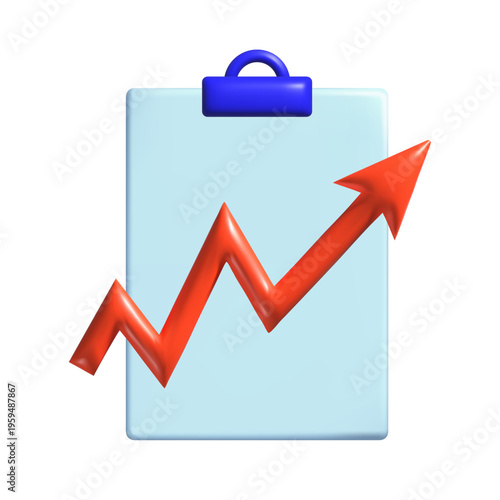 Light blue clipboard with a purple clip and a red zigzag arrow displaying an upward trend across the surface. Vector illustration