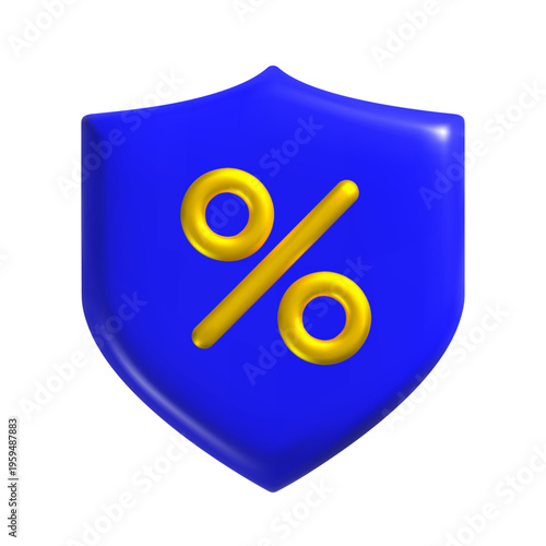 Blue, glossy shield icon with a raised yellow percent sign, conveying financial protection and discounts. Vector illustration