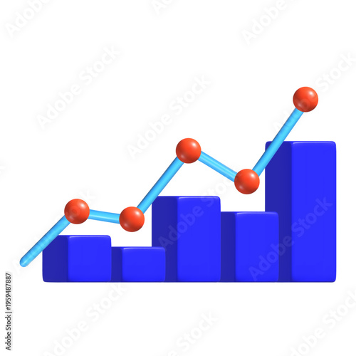 Blue 3D bar chart with a rising line connecting orange nodes, indicating financial growth and data-driven analysis. Vector illustration