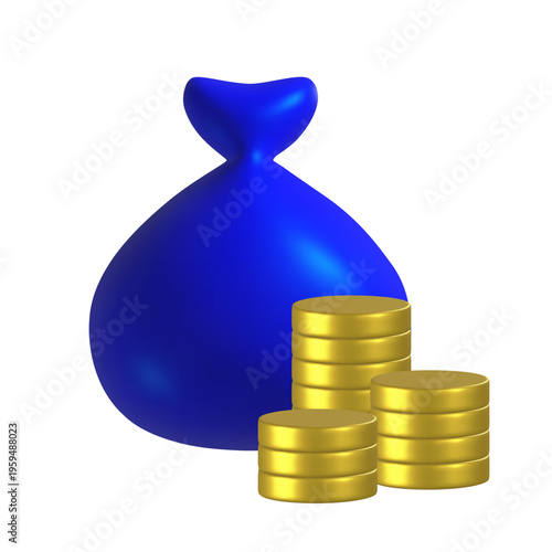 Blue money bag with a tied top beside stacks of gold coins, 3D rendering on a white background. Vector illustration