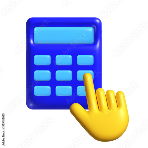 Blue 3D calculator with light blue buttons and display, yellow hand tapping a key, financial or accounting theme. Vector illustration