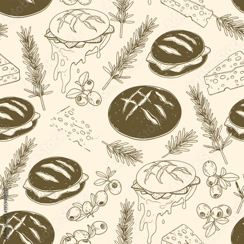 Seamless Pattern of Artisan Melted Cheese Sandwich with Rosemary and Olives in Vintage Sketch Style for Gourmet Food Wrap and Bakery Branding