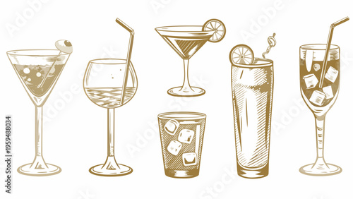 Luxury cocktail icons in gold flat vector illustration various glasses with drinks ice and garnishes on white background