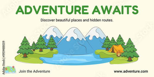 Outdoor travel banner with mountain lake landscape and camping scene.