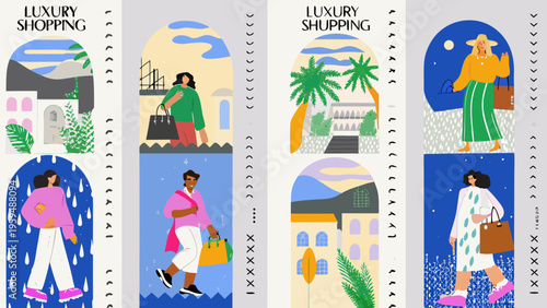Luxury shopping experience concept with four seasonal illustrations of women in different environments