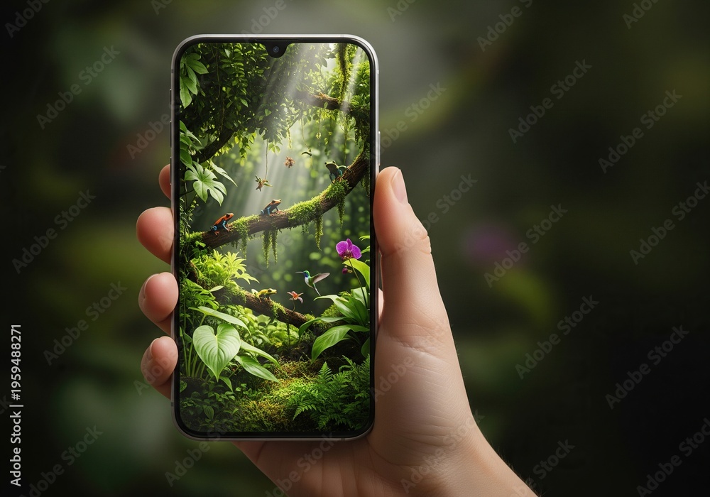 Naklejka premium Hand holding a smartphone displaying a vibrant jungle scene with colorful frogs and a hummingbird