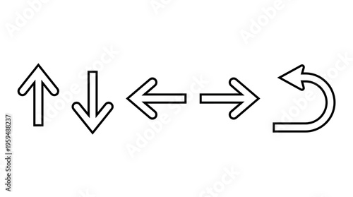 Arrow icon set with upward, downward, left, right, and curved arrows, drawn in black-and-white line art, symbolizing direction, navigation, orientation, and movement in minimal graphic style.