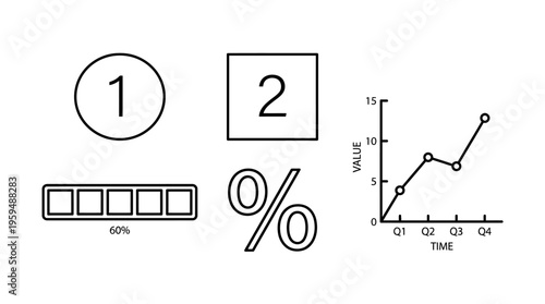 Data analysis icon set with step arrows, progress bar, percentage, and line graph, drawn in black-and-white line art, symbolizing statistics, tracking, progress, and performance measurement.