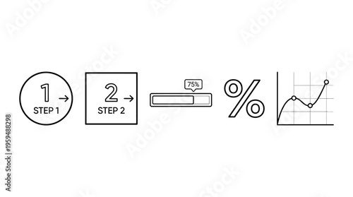 Workflow icon set with step markers, progress bar, percentage, and rising line graph, drawn in black-and-white line art, symbolizing project management, tracking, and performance evaluation.