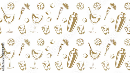 Seamless pattern of gold cocktail icons with glasses shakers and citrus on white background