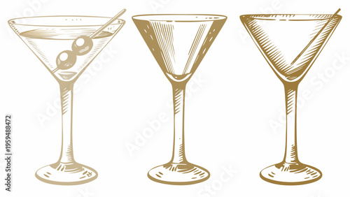 Luxury martini glasses set in elegant gold line art style on white background for cocktail party decoration