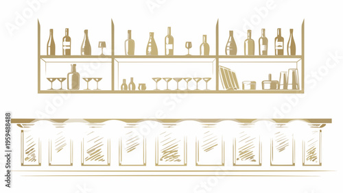 Modern luxury bar counter with gold accents and glassware flat vector illustration for hospitality design