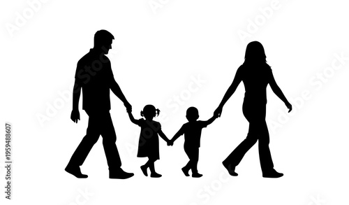 Happy family side view walking silhouette with parents and two kids holding hands black and white vector illustration isolated on white